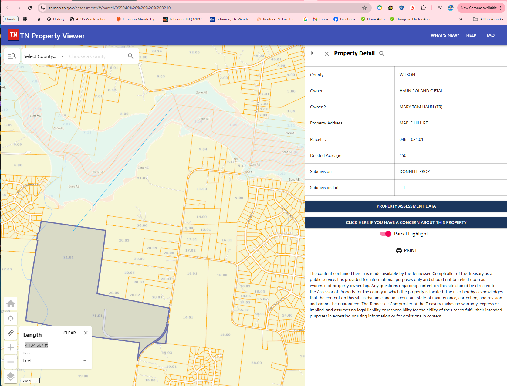 TN Property Viewer screenshot showing 4,134.6979 ft measurement from Site 22 to nearest force main