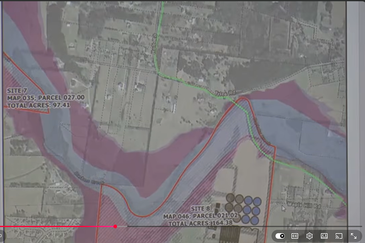 Map showing force main running through Site 8 on Maple Hill Road